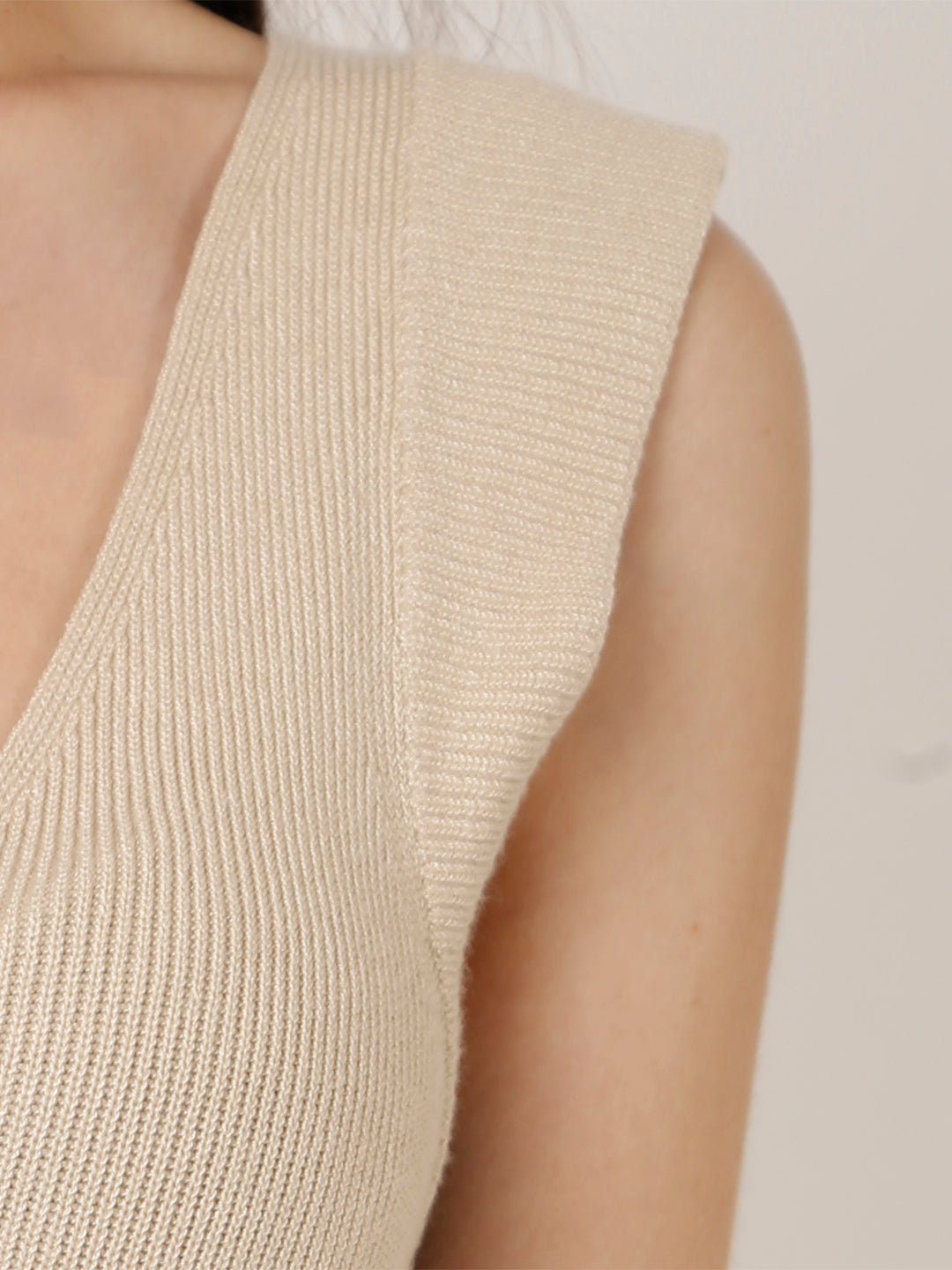 Viscose Ribbed V-Neck Beige Top