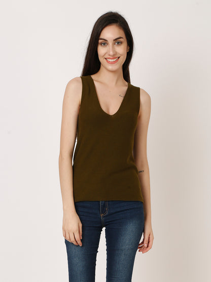 Viscose Ribbed V-Neck Green Top