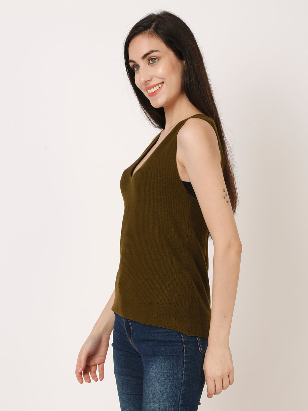 Viscose Ribbed V-Neck Green Top