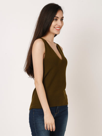 Viscose Ribbed V-Neck Green Top