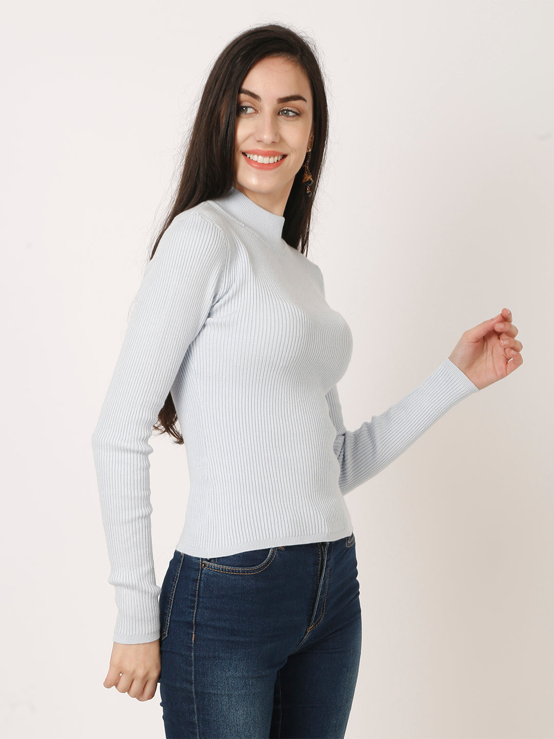 Viscose Full Sleeve Turtle Neck Blue Sweater