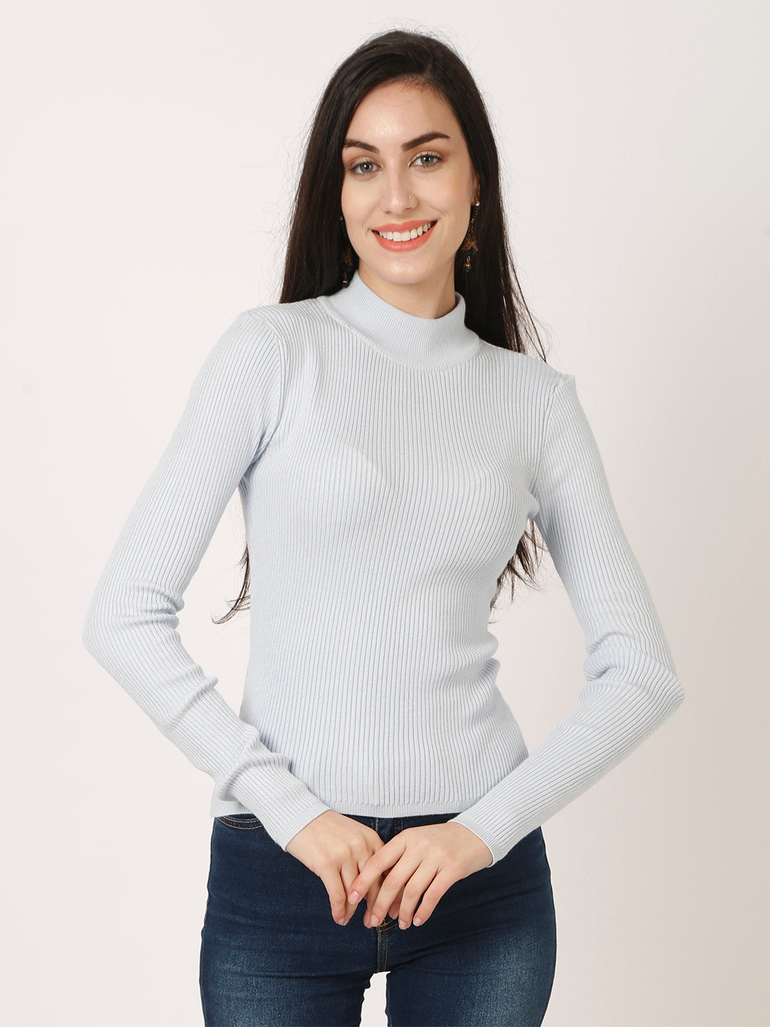 Viscose Full Sleeve Turtle Neck Blue Sweater