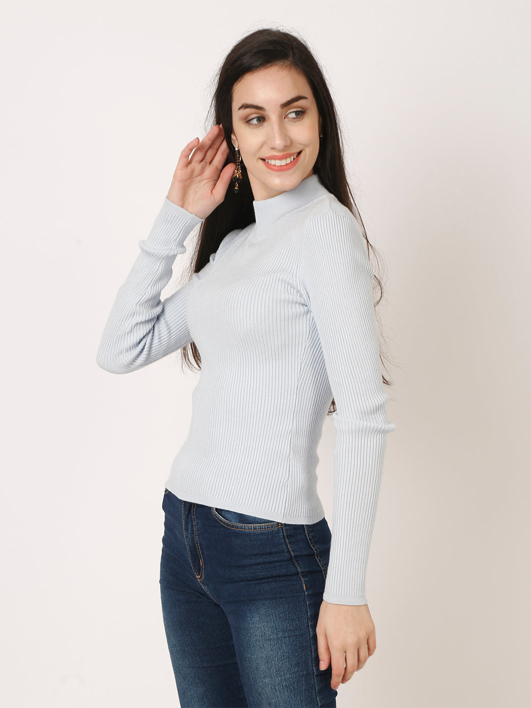 Viscose Full Sleeve Turtle Neck Blue Sweater