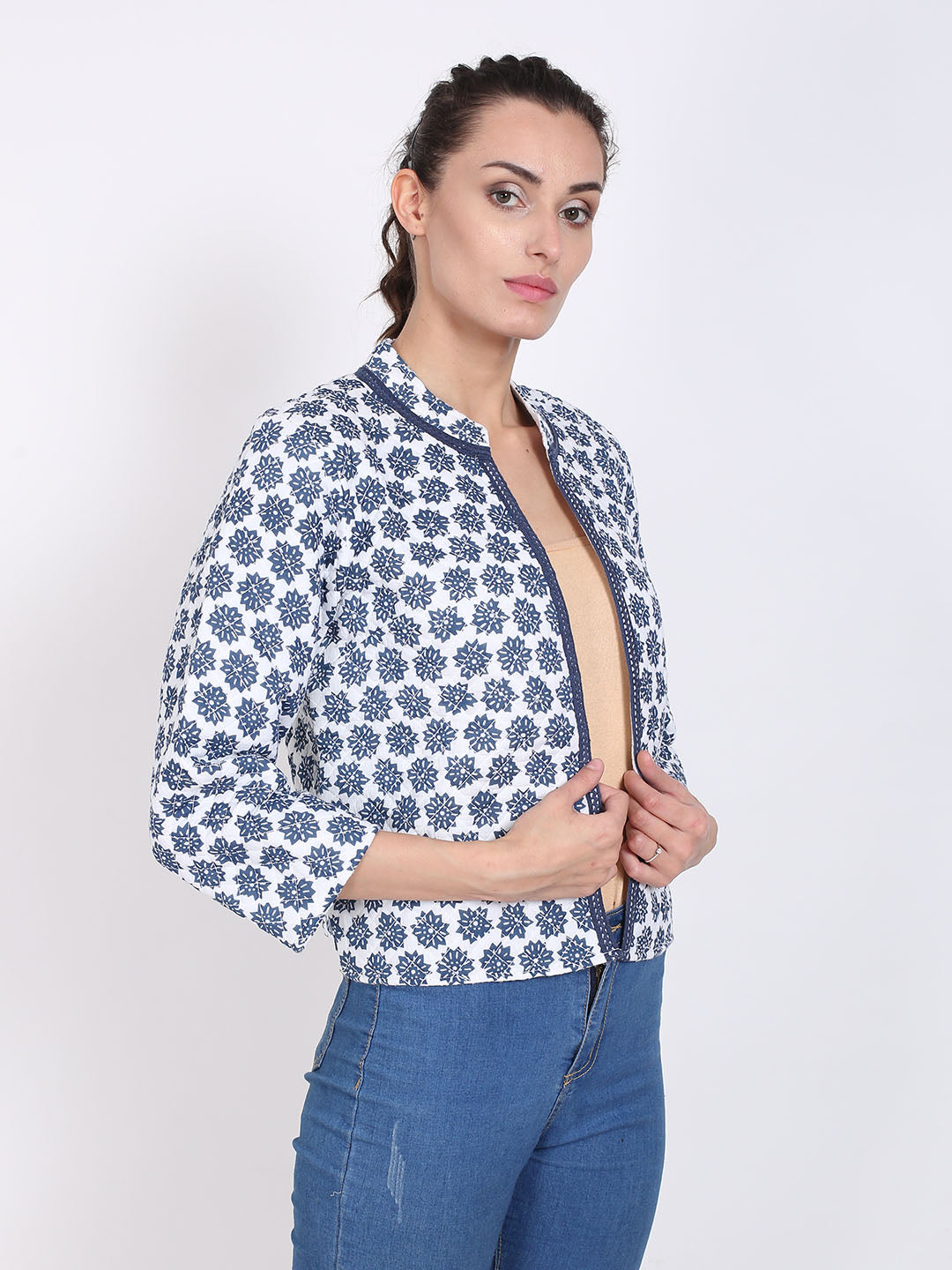 Cotton Flower Print Light Weight open front Jacket