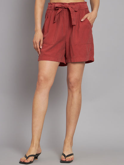 Viscose Solid with Belt Brown short