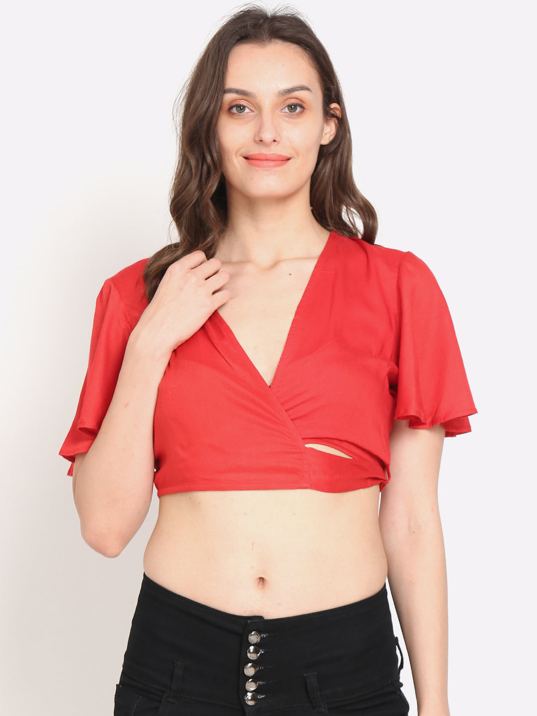 Viscose half Sleeve Solid Red Crop Top