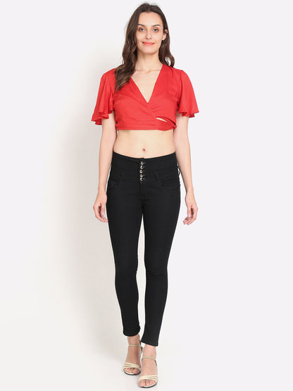 Viscose half Sleeve Solid Red Crop Top