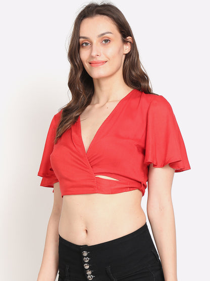 Viscose half Sleeve Solid Red Crop Top