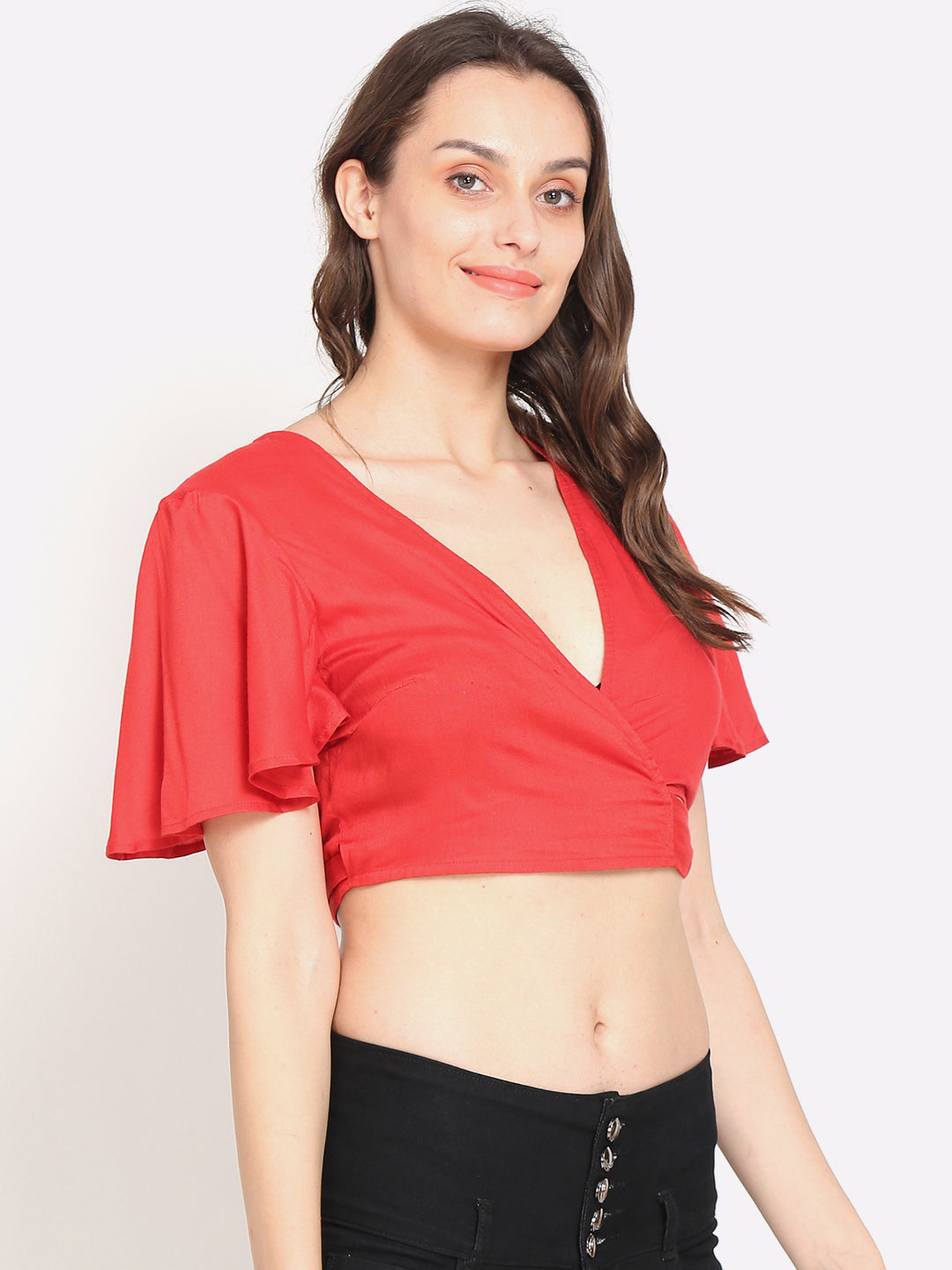 Viscose half Sleeve Solid Red Crop Top