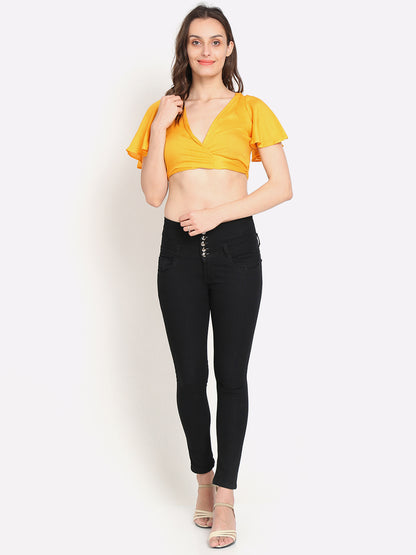 Viscose half Sleeve Solid Yellow Crop Top