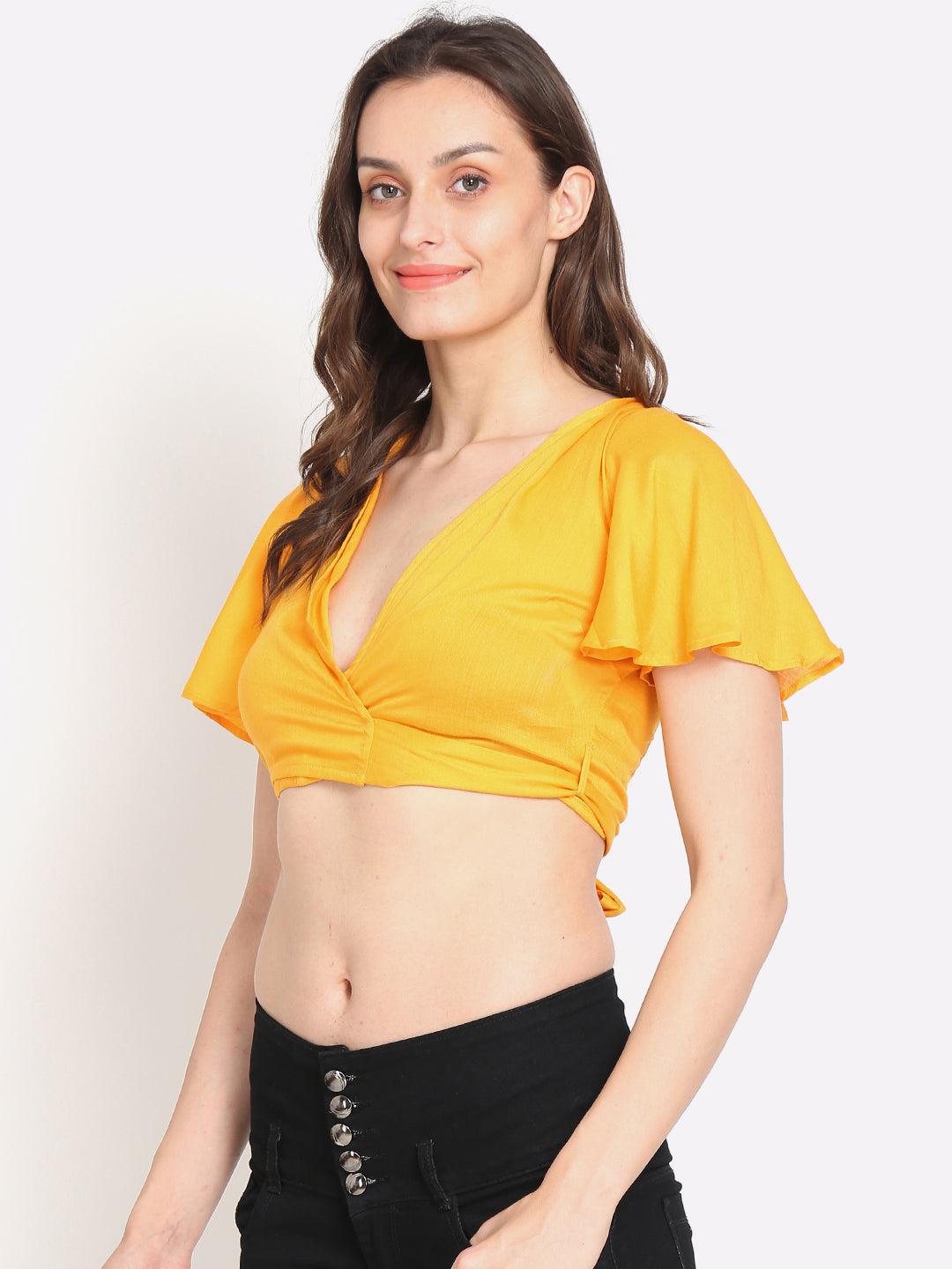 Viscose half Sleeve Solid Yellow Crop Top