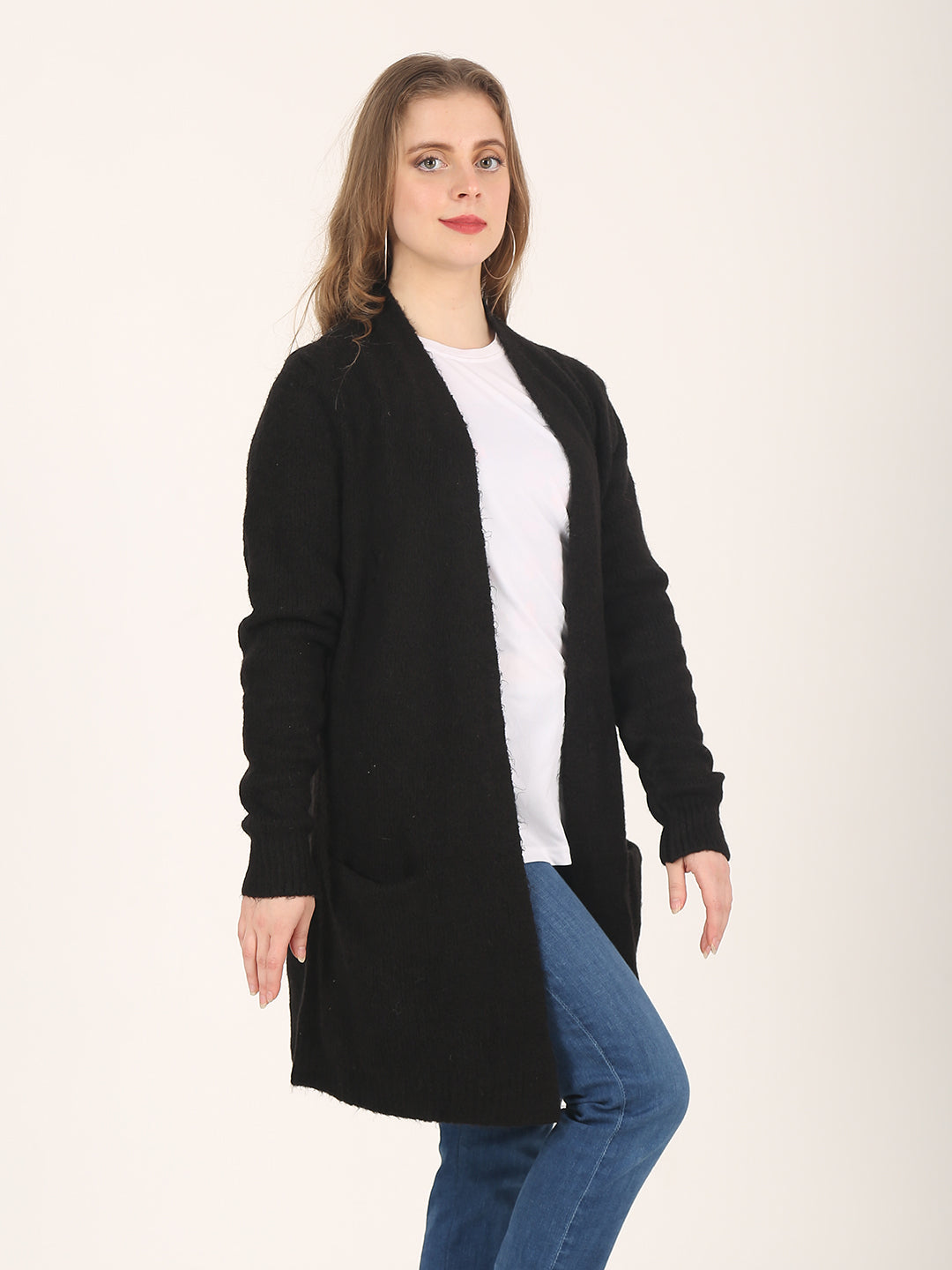 Polyester Full Sleeve Front Open Black Shrug