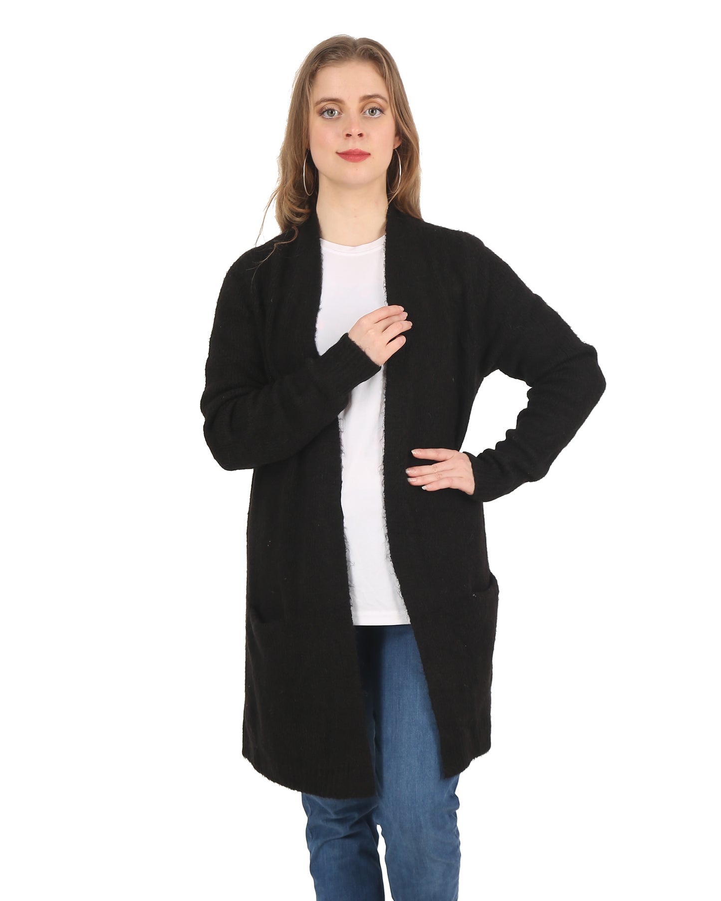 Polyester Full Sleeve Front Open Black Shrug