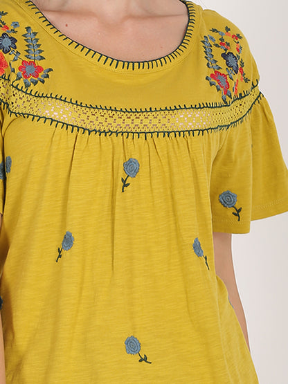 Round Neck Embroidered Yellow Summer Top