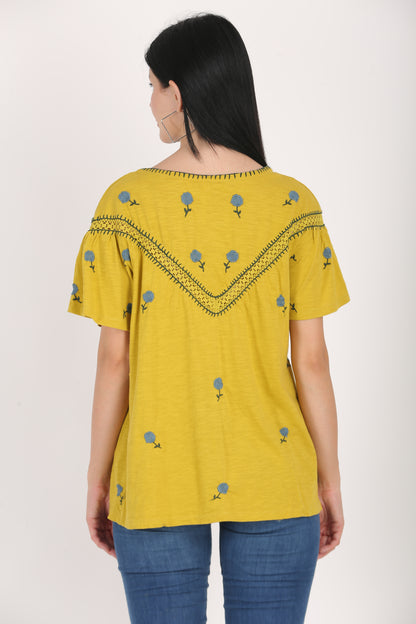 Round Neck Embroidered Yellow Summer Top