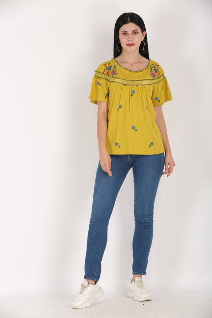 Round Neck Embroidered Yellow Summer Top