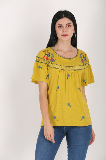 Round Neck Embroidered Yellow Summer Top