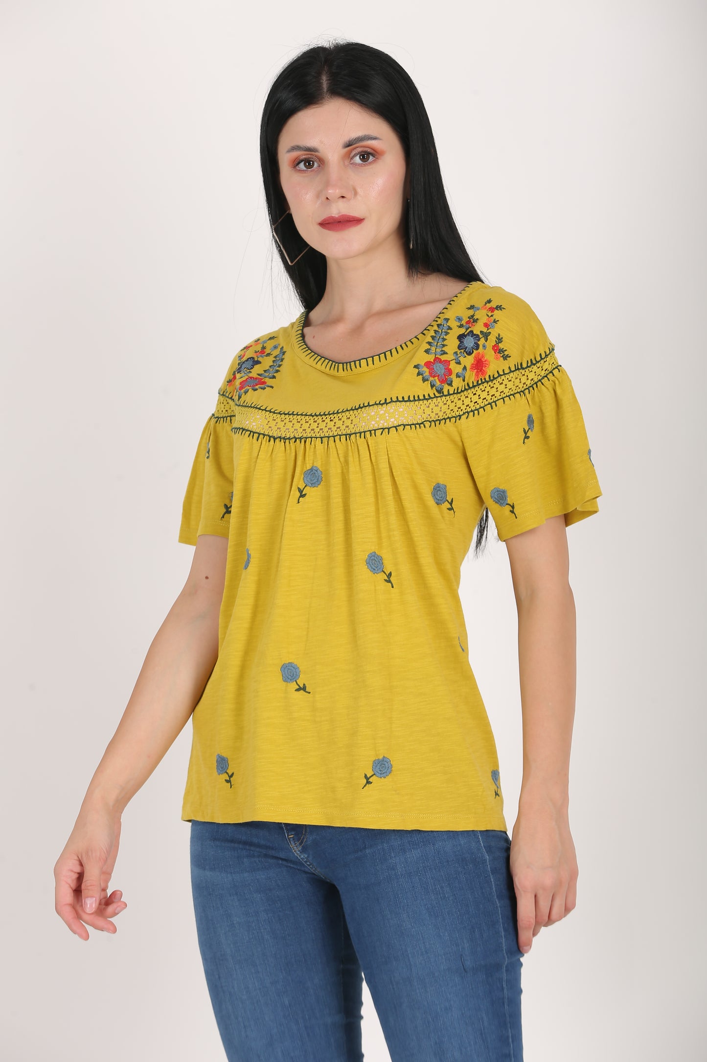 Round Neck Embroidered Yellow Summer Top