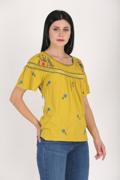 Round Neck Embroidered Yellow Summer Top