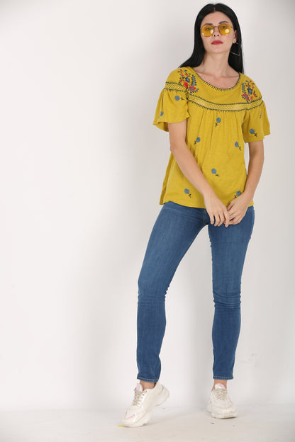 Round Neck Embroidered Yellow Summer Top