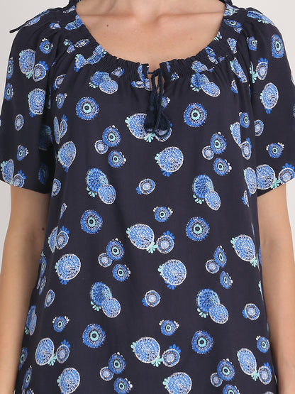 Viscose Printed Round Neck Blue Summer Top