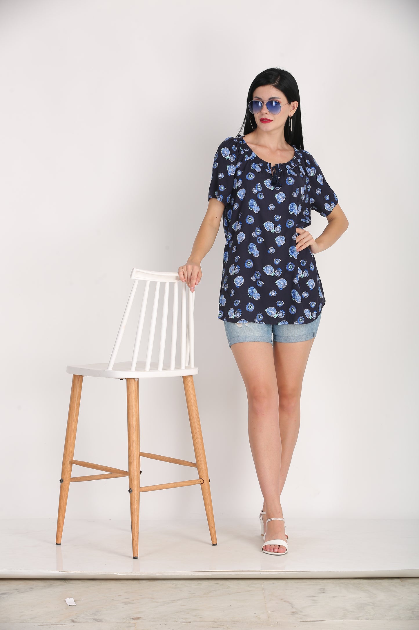 Viscose Printed Round Neck Blue Summer Top