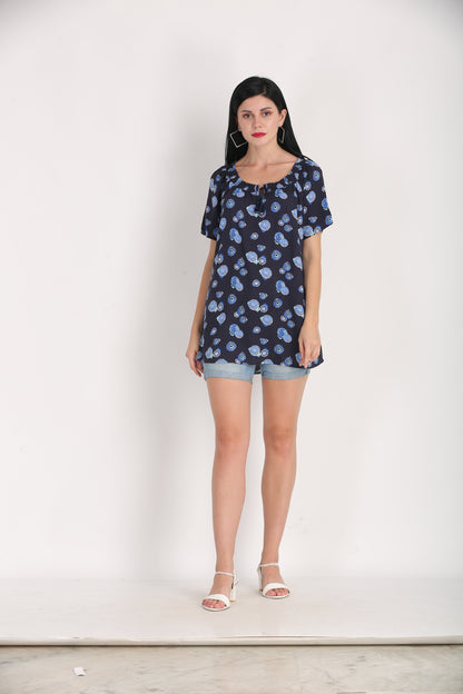 Viscose Printed Round Neck Blue Summer Top