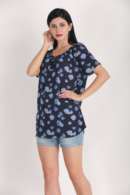 Viscose Printed Round Neck Blue Summer Top