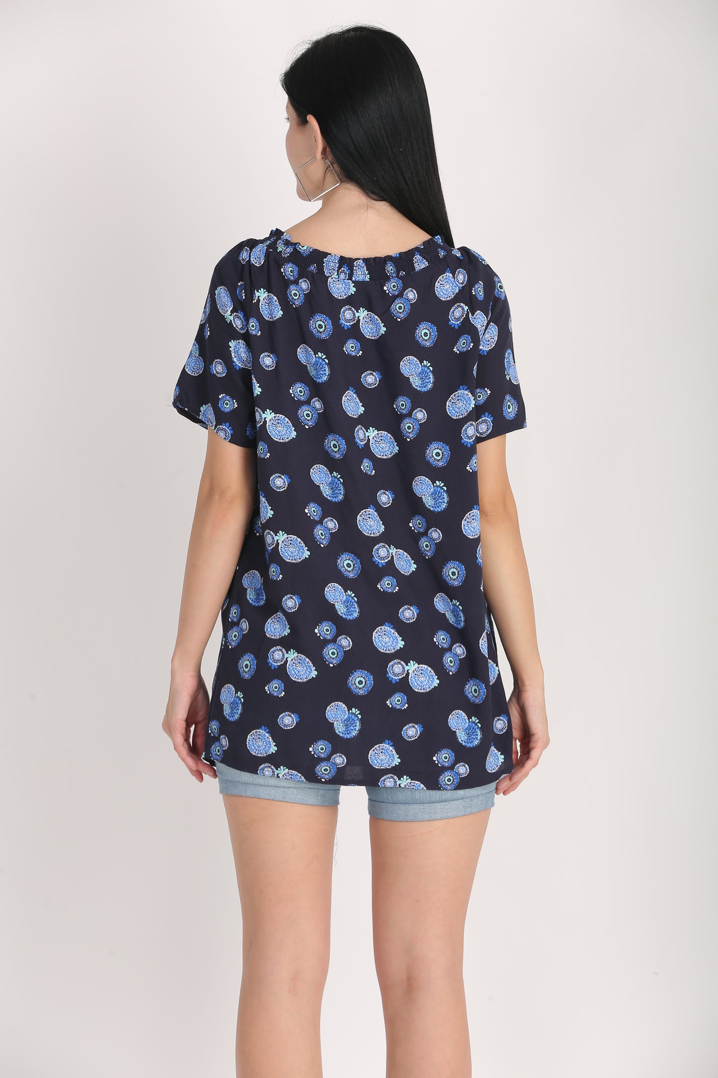 Viscose Printed Round Neck Blue Summer Top