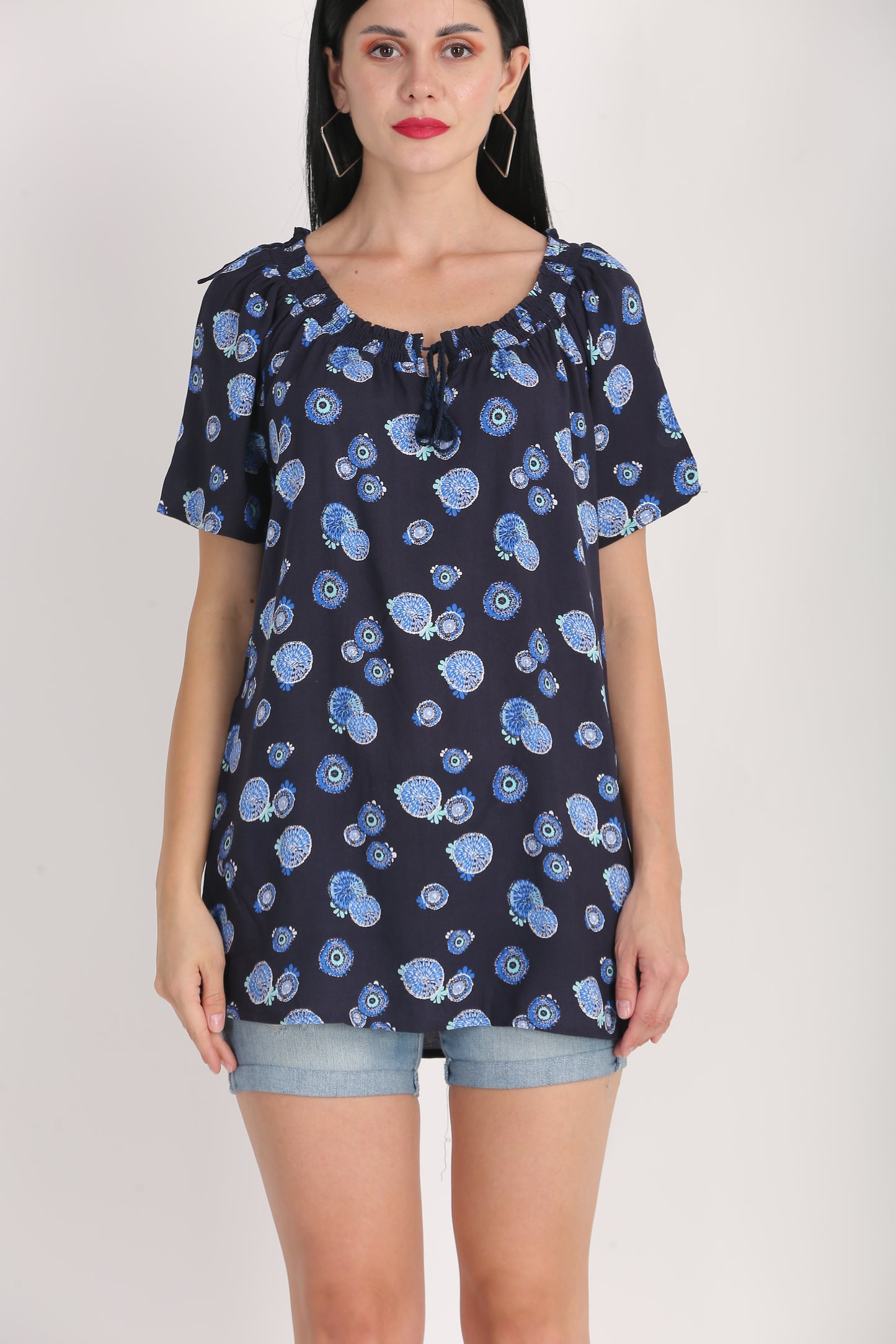 Viscose Printed Round Neck Blue Summer Top