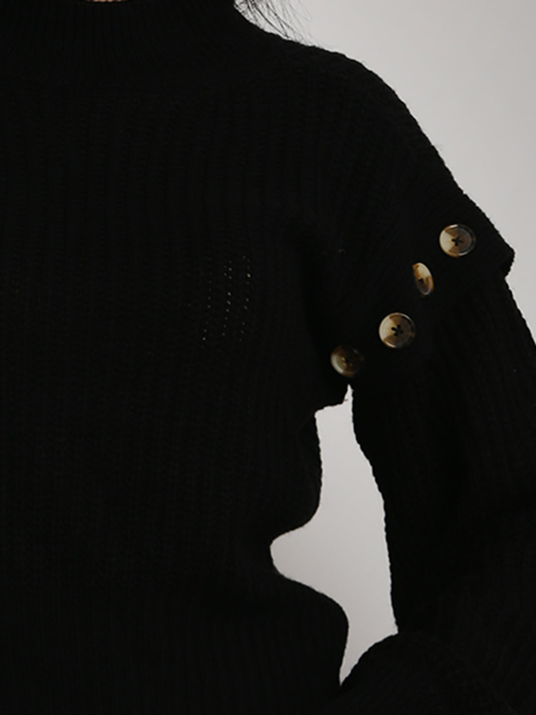 Acrylic Turtle Neck Cable Knit Loose Style Pattern Black Sweater