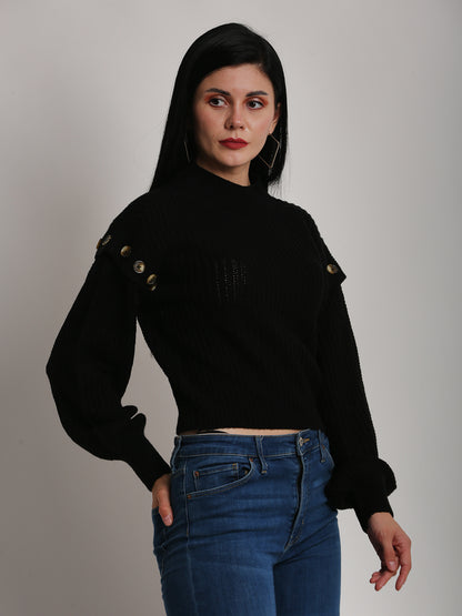 Acrylic Turtle Neck Cable Knit Loose Style Pattern Black Sweater