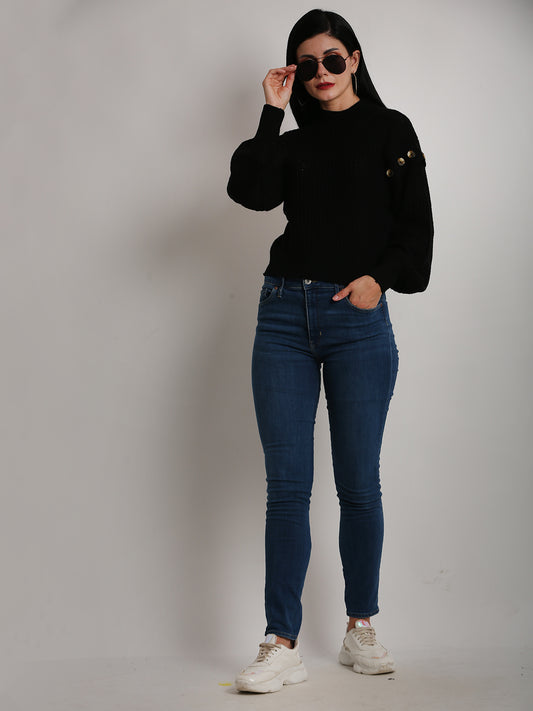 Acrylic Turtle Neck Cable Knit Loose Style Pattern Black Sweater