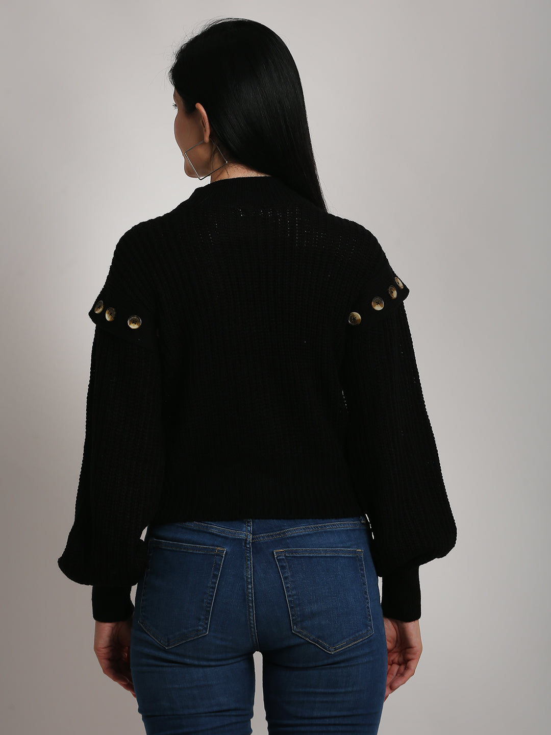 Acrylic Turtle Neck Cable Knit Loose Style Pattern Black Sweater