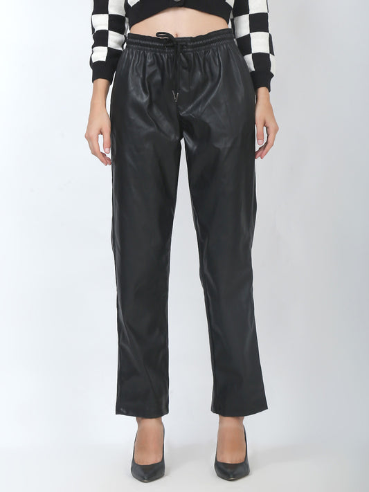 Regular Fit Black Faux Leather Trousers