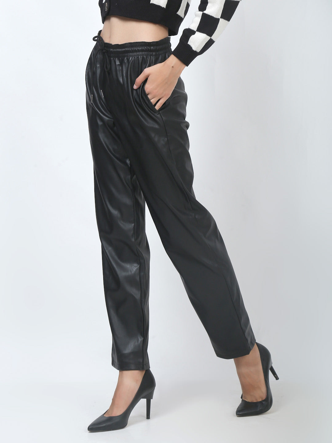 Regular Fit Black Faux Leather Trousers