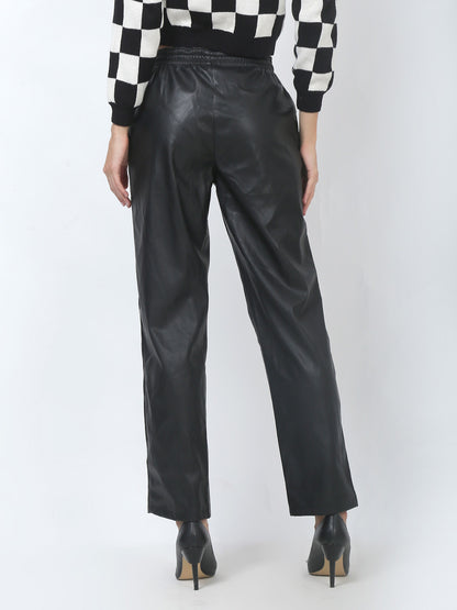 Regular Fit Black Faux Leather Trousers