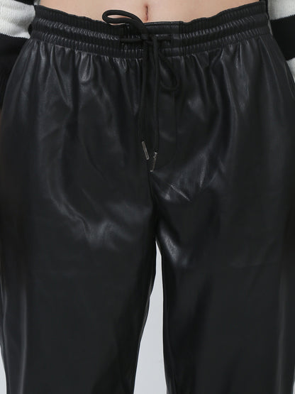 Regular Fit Black Faux Leather Trousers