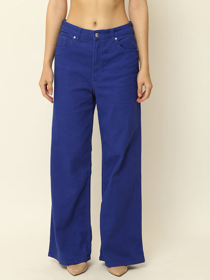 Regular Fit Solid Full Length Blue Pant