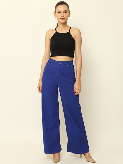 Regular Fit Solid Full Length Blue Pant