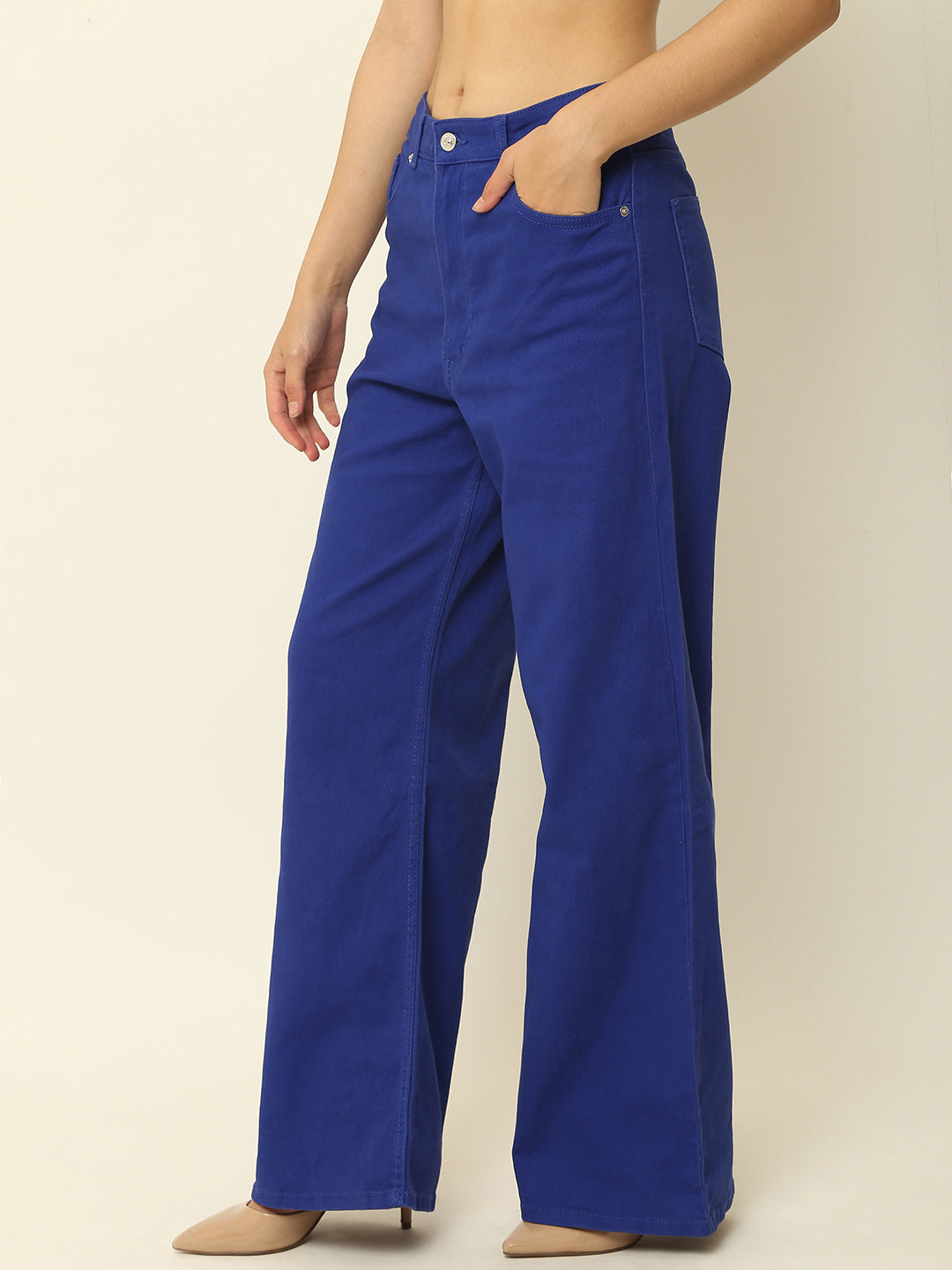 Regular Fit Solid Full Length Blue Pant