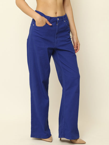 Regular Fit Solid Full Length Blue Pant