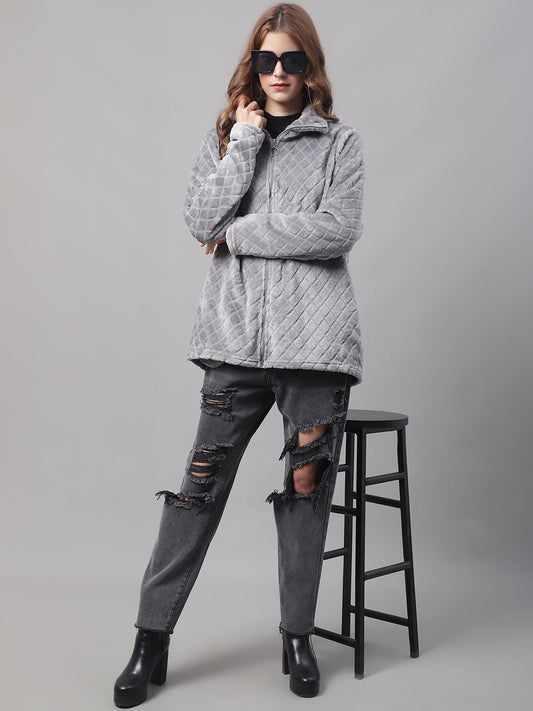 Solid Full Sleeve Zip-Front Winter Grey Jacket