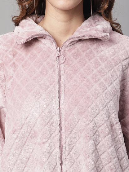 Solid Full Sleeve Zip-Front Winter Pink Jacket