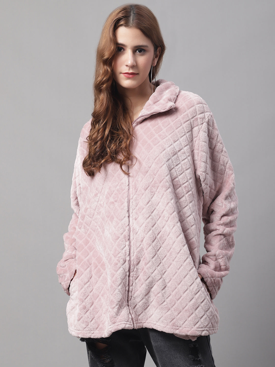 Solid Full Sleeve Zip-Front Winter Pink Jacket