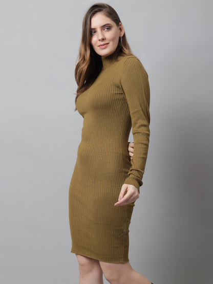 Bodycon Below Knee Rib knit Turtle Neck Mustard Dress