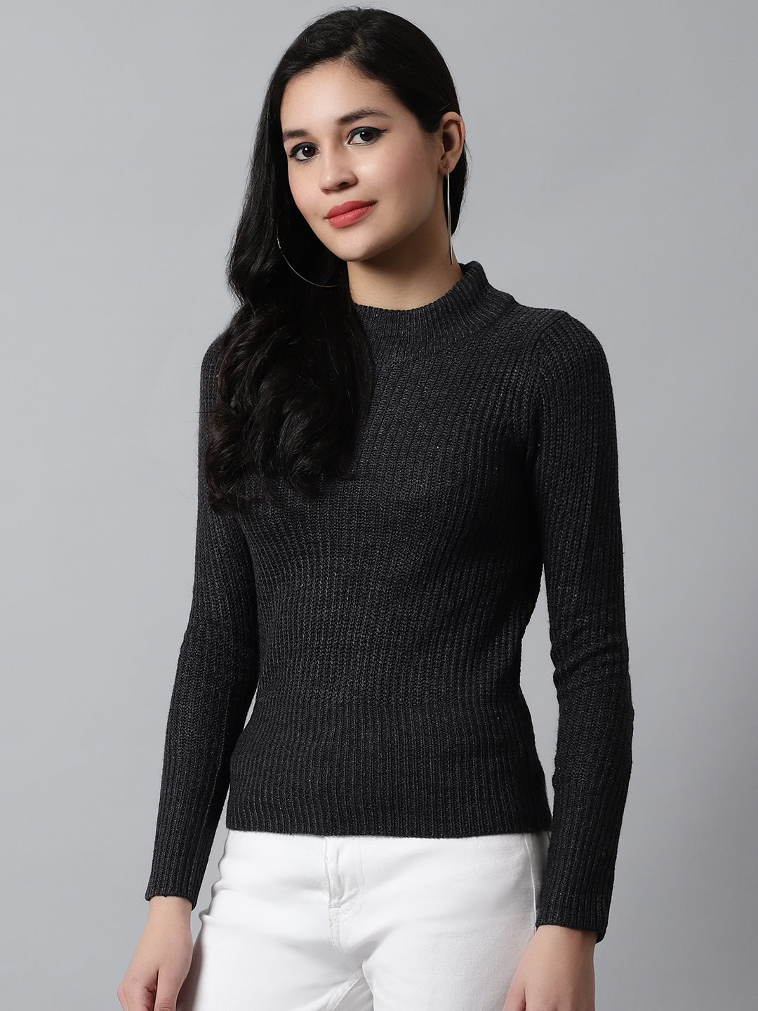 Acrylic Turtle Neck Rib Knit Metallic Thread Sweater