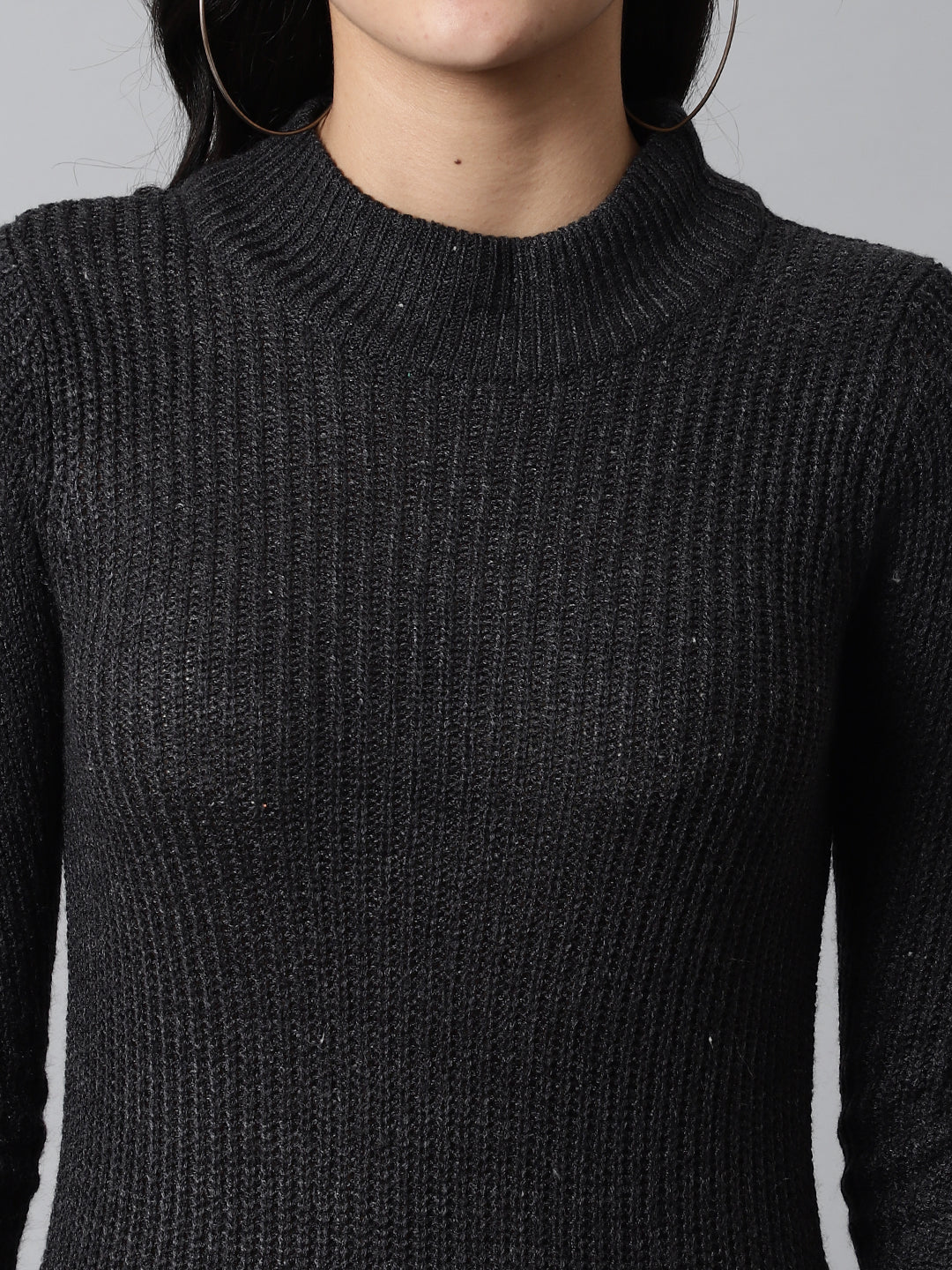 Acrylic Turtle Neck Rib Knit Metallic Thread Sweater