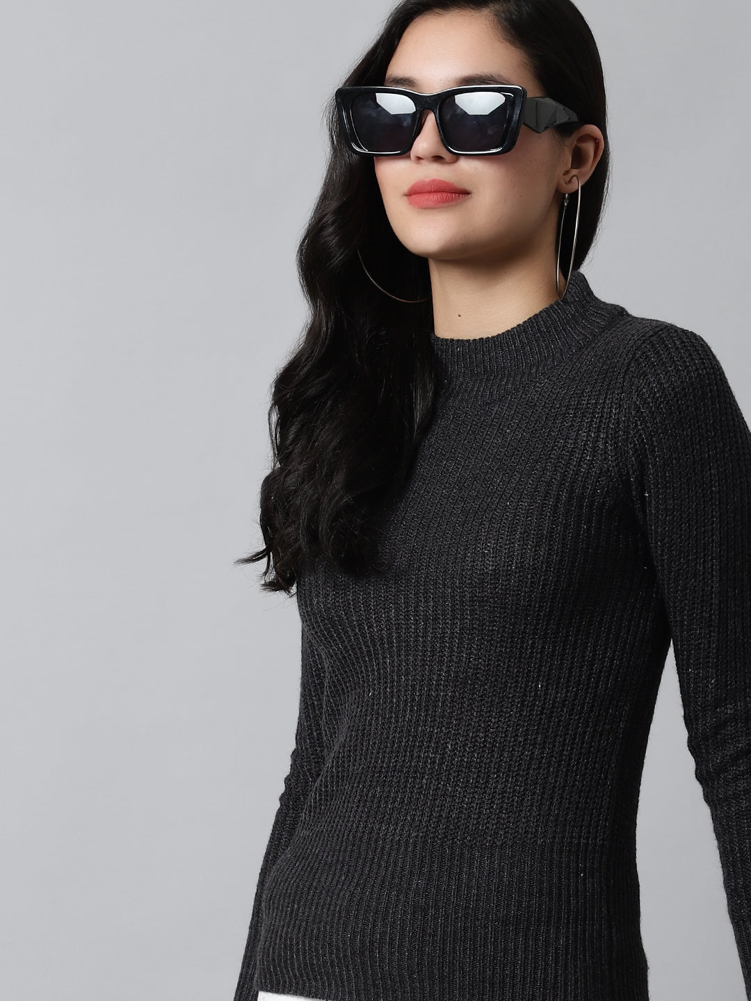 Acrylic Turtle Neck Rib Knit Metallic Thread Sweater