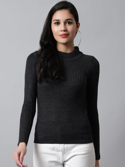 Acrylic Turtle Neck Rib Knit Metallic Thread Sweater